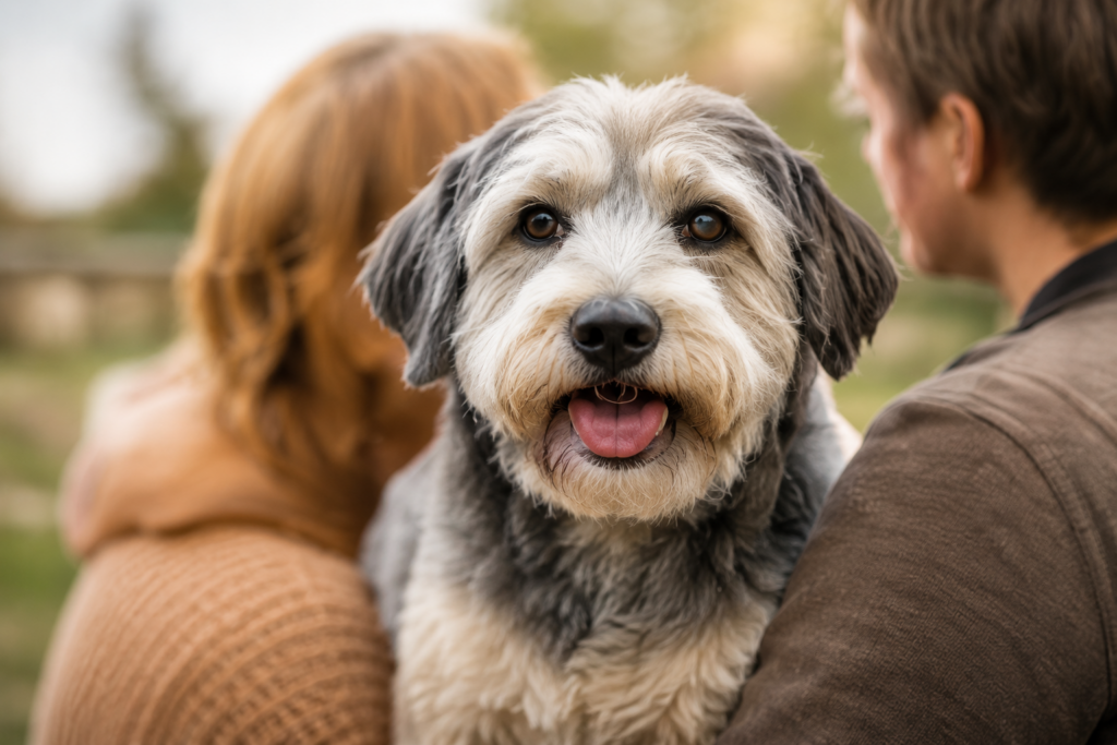 Small senior dog with people in conversation, representing foster support and guidance.