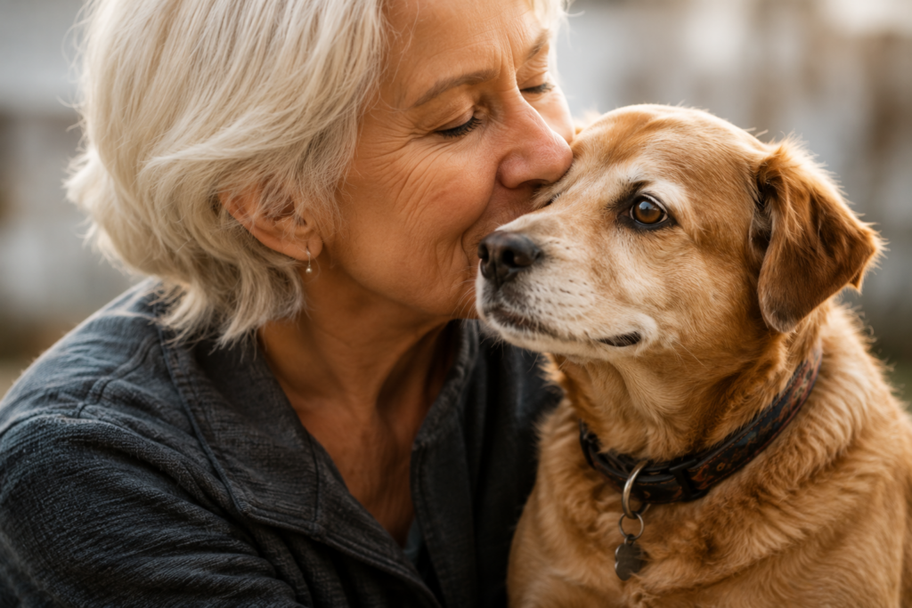 Older woman kissing a senior dog, representing love and commitment to older pets.