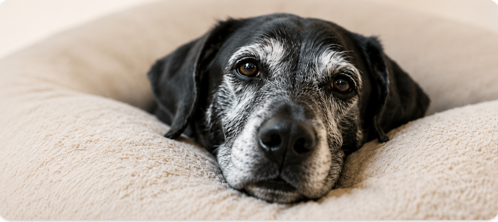 Senior black dog resting on a soft bed, representing senior dog care and comfort.