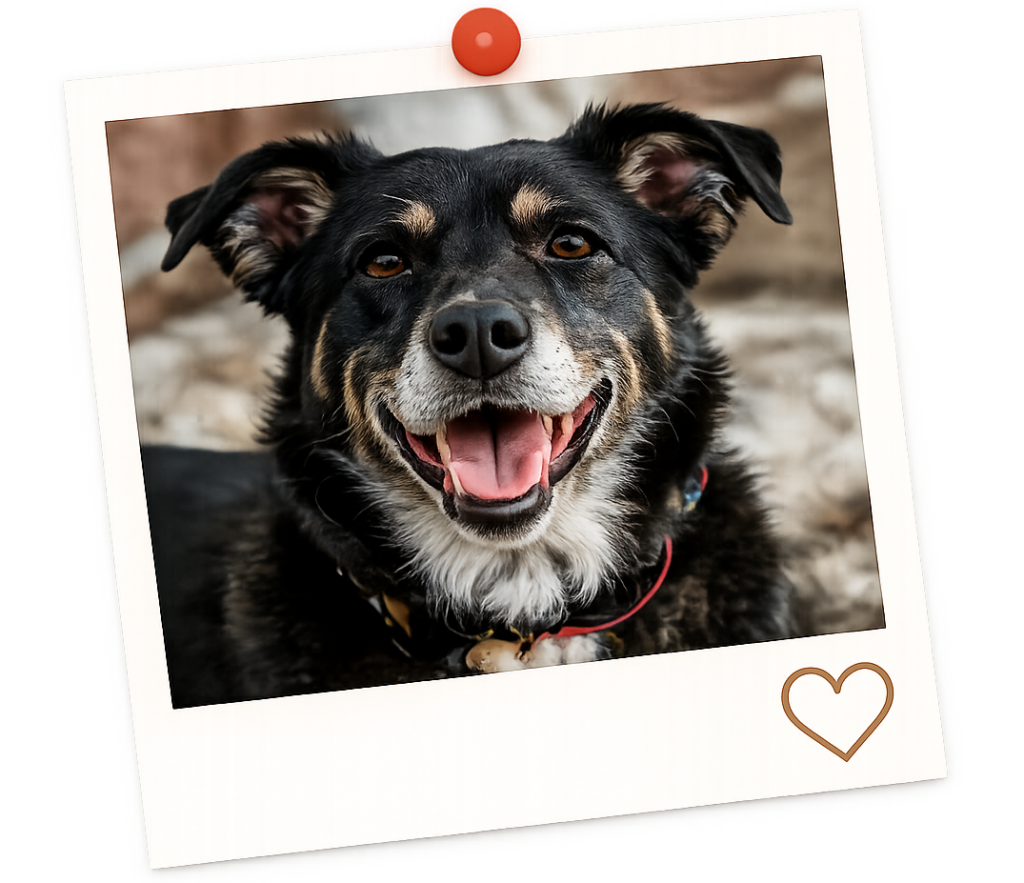 Smiling black dog in a polaroid-style photo representing the mission inspired by Misty Jo.