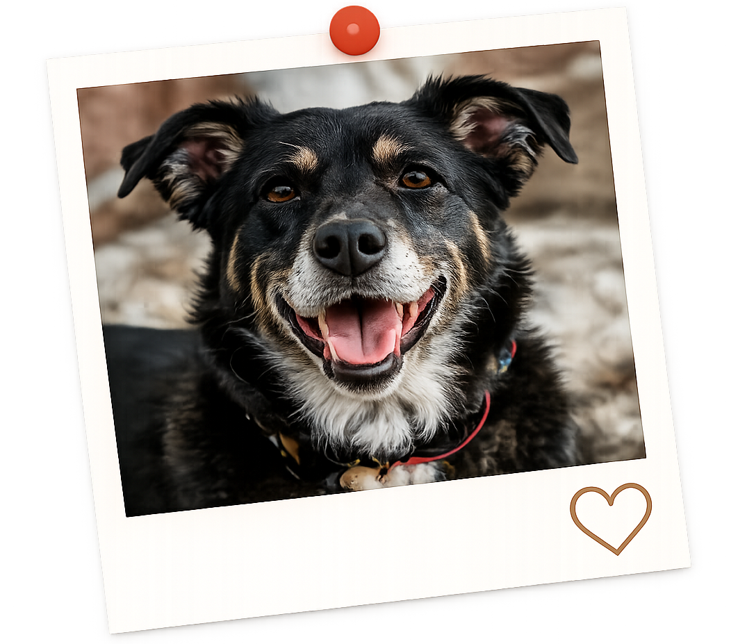 Smiling black dog in a polaroid-style photo representing the mission inspired by Misty Jo.