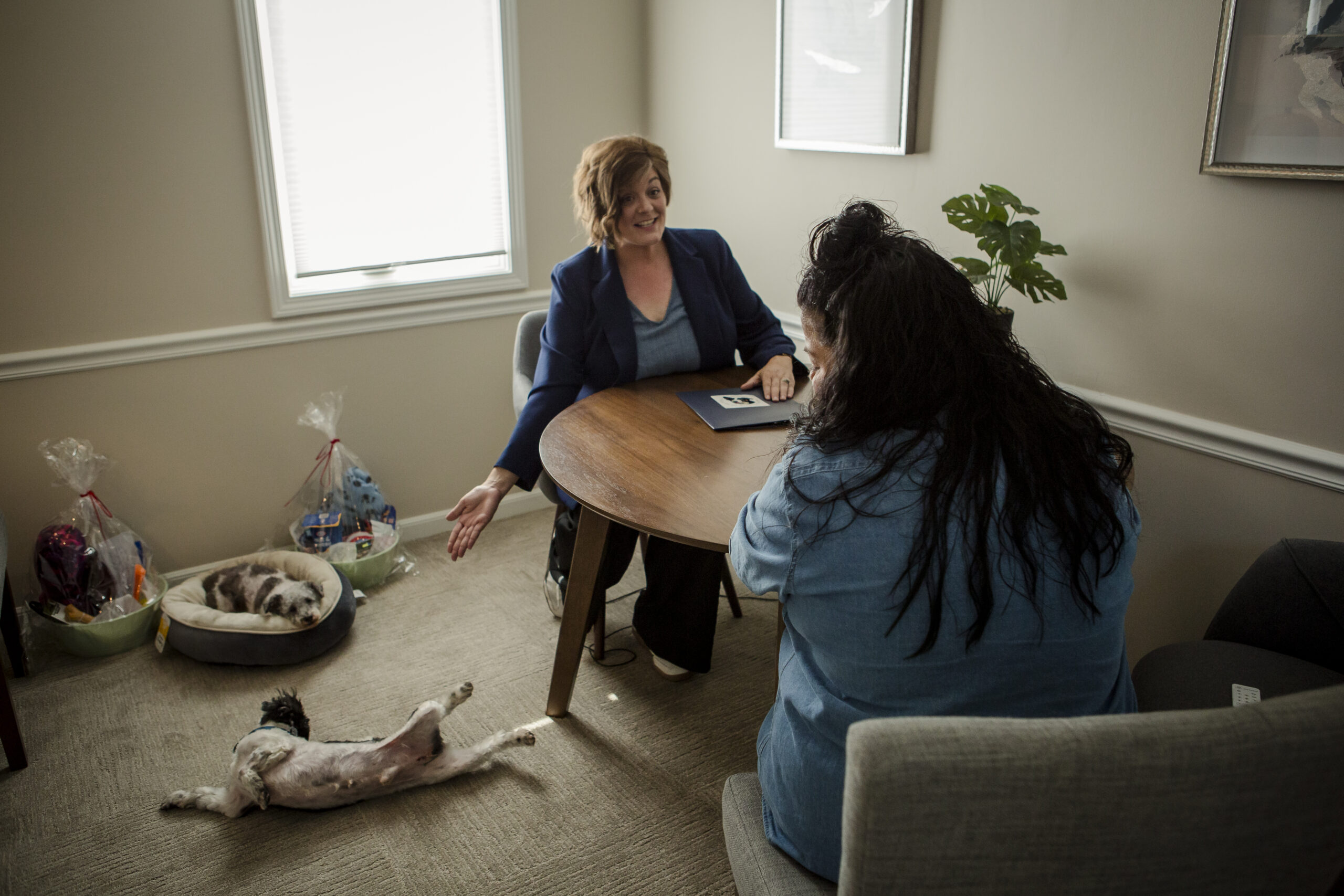 Tiffany meeting with a pet owner and dogs during a home pet care consultation.